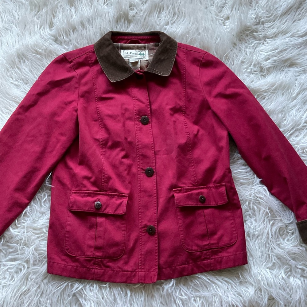 LL Bean Red Flannel-Lined Cord Collar Adirondack Barn Field Chore Coat Jacket